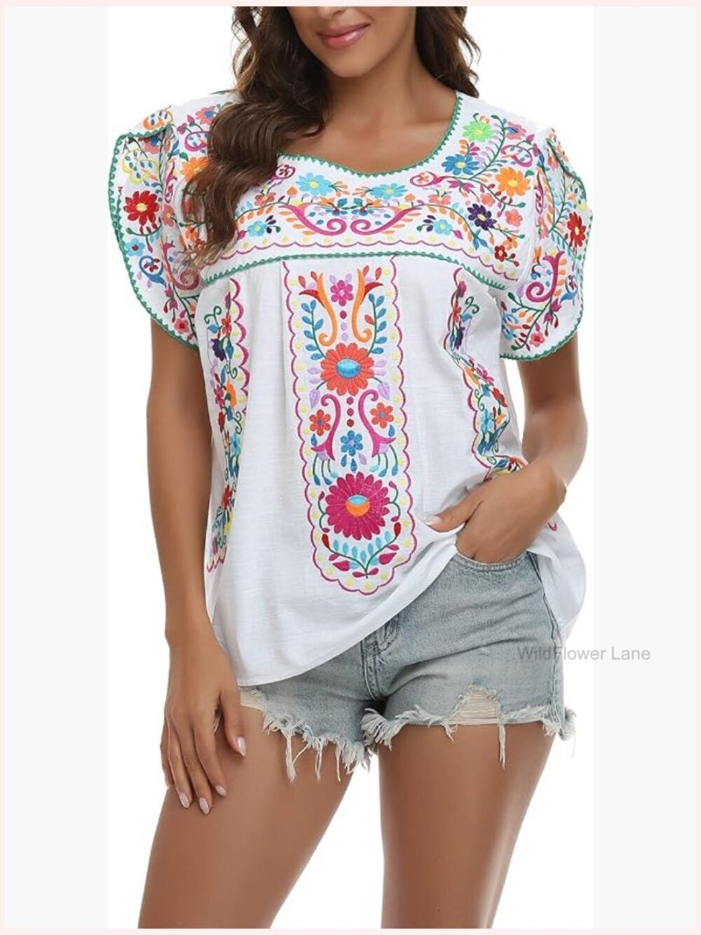 Boho Embroidered Peasant Tunic Short Sleeve Cotton Blouse